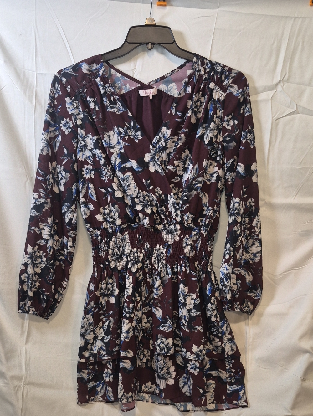 Parker Burgundy Floral Smocked-Waist V-Neck Tunic